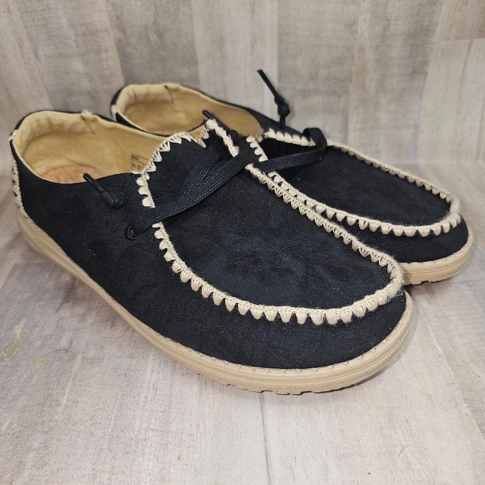 Hey Dude Wendy Crochet Black Slip On Loafers Shoes Womens 9